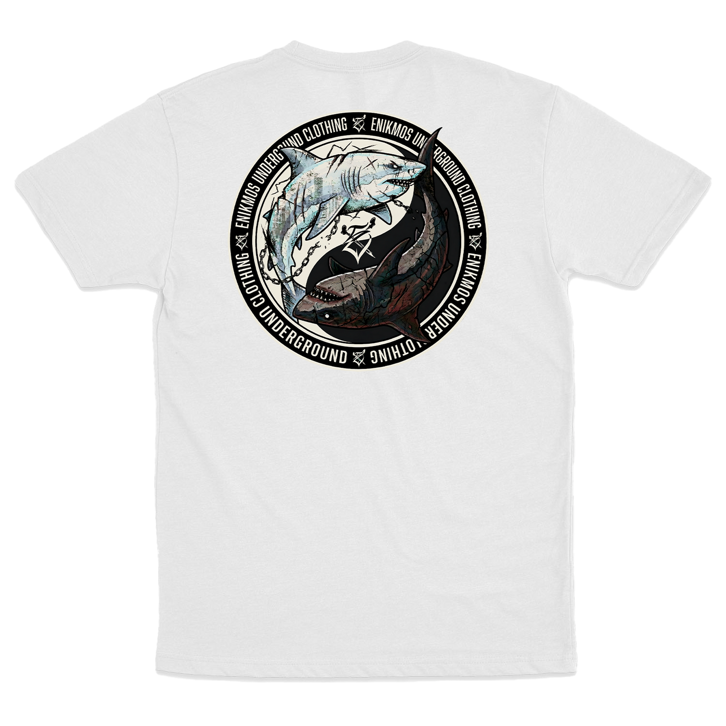 Enikmos (Camiseta Branca)  - Yin Yang Shark - Ocean Balance Edition